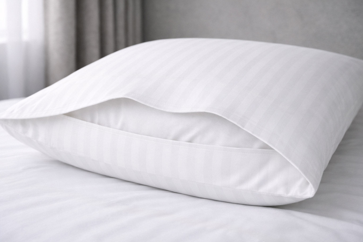 Ein Kopfkissen mit weißem Hotelvschluss-Bezug liegt auf einem Bett.