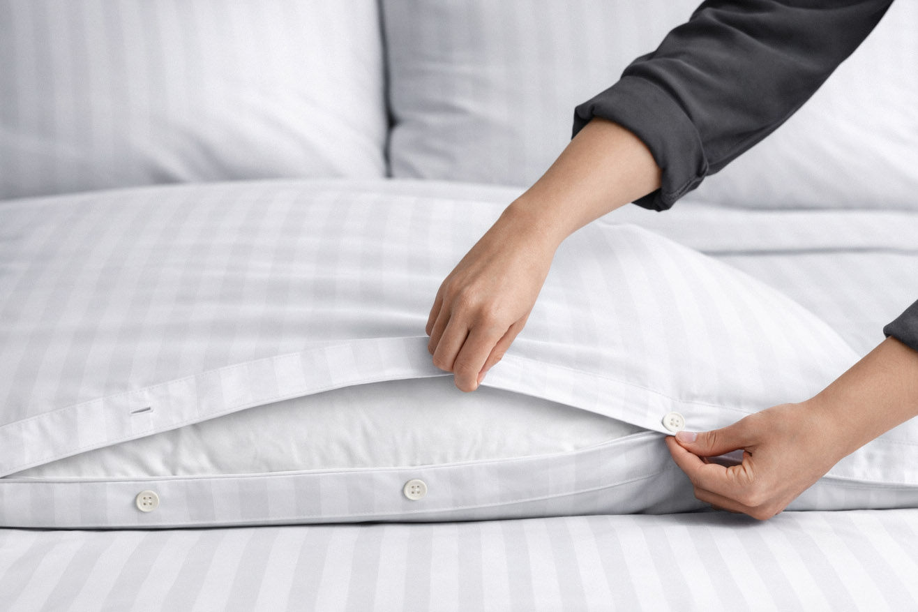 Zwei Hände schließen den Knopfverschluss eines Kissens auf einem Bett.