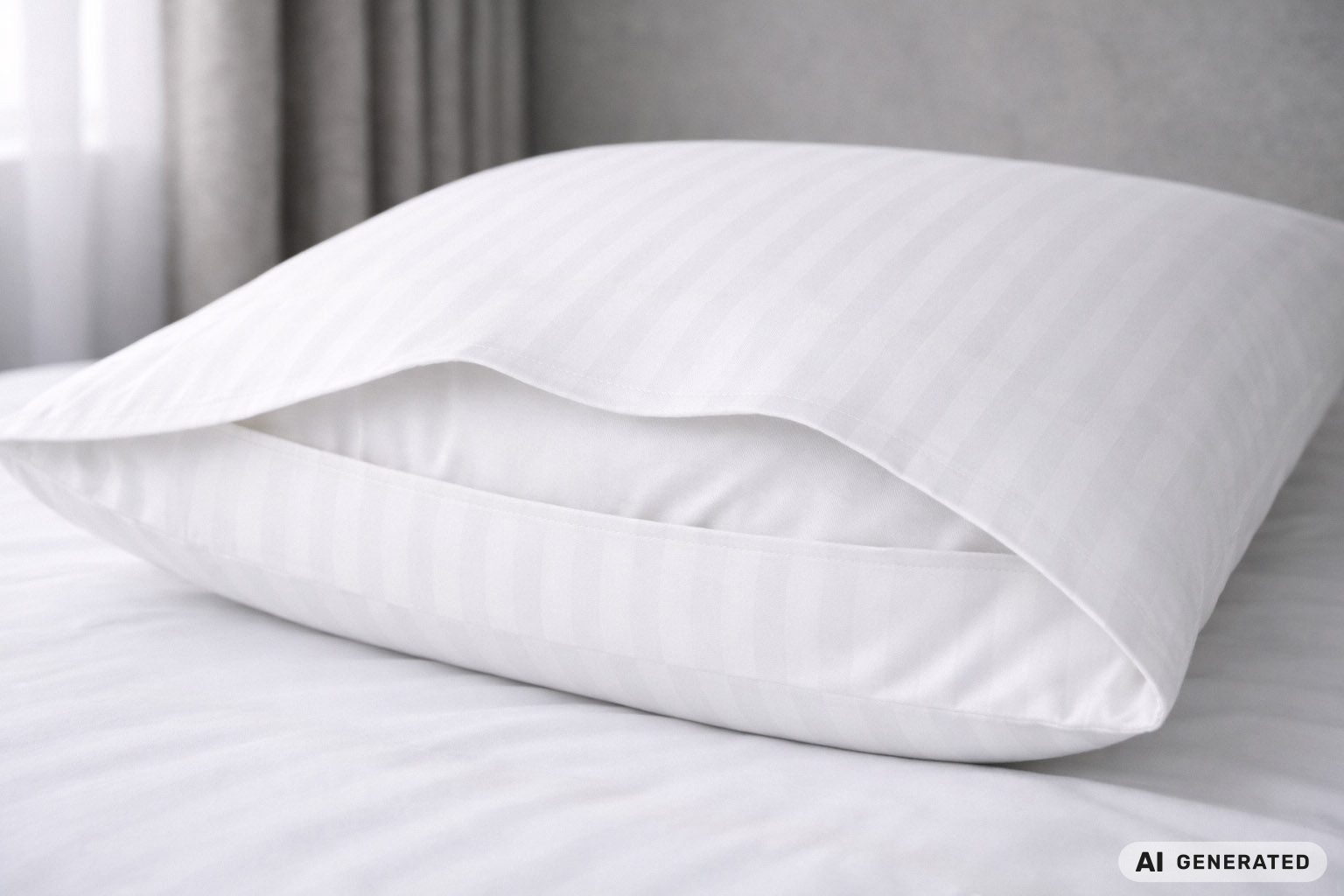 Kopfkissen mit weißem Kissenbezug liegt mit geöffnetem Hotelverschluss auf einem Bett. AI GENERATED