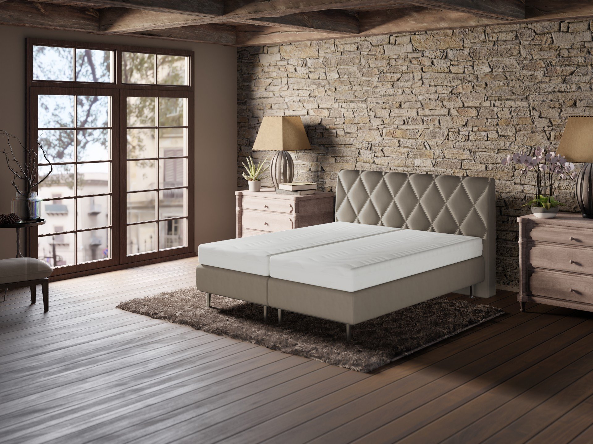 Boxspringbett 180x200 inkl. 2 Matratzen in veganem Leder Boxspringbett 180x200 inkl. 2 Matratzen in veganem Leder