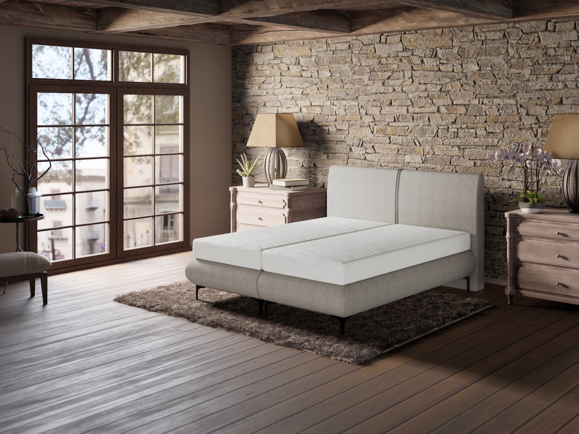 Boxspringbett 180x200 inkl. 2 Matratzen in grauem strukturiertem Velours Boxspringbett 180x200 inkl. 2 Matratzen in grauem strukturiertem Velours